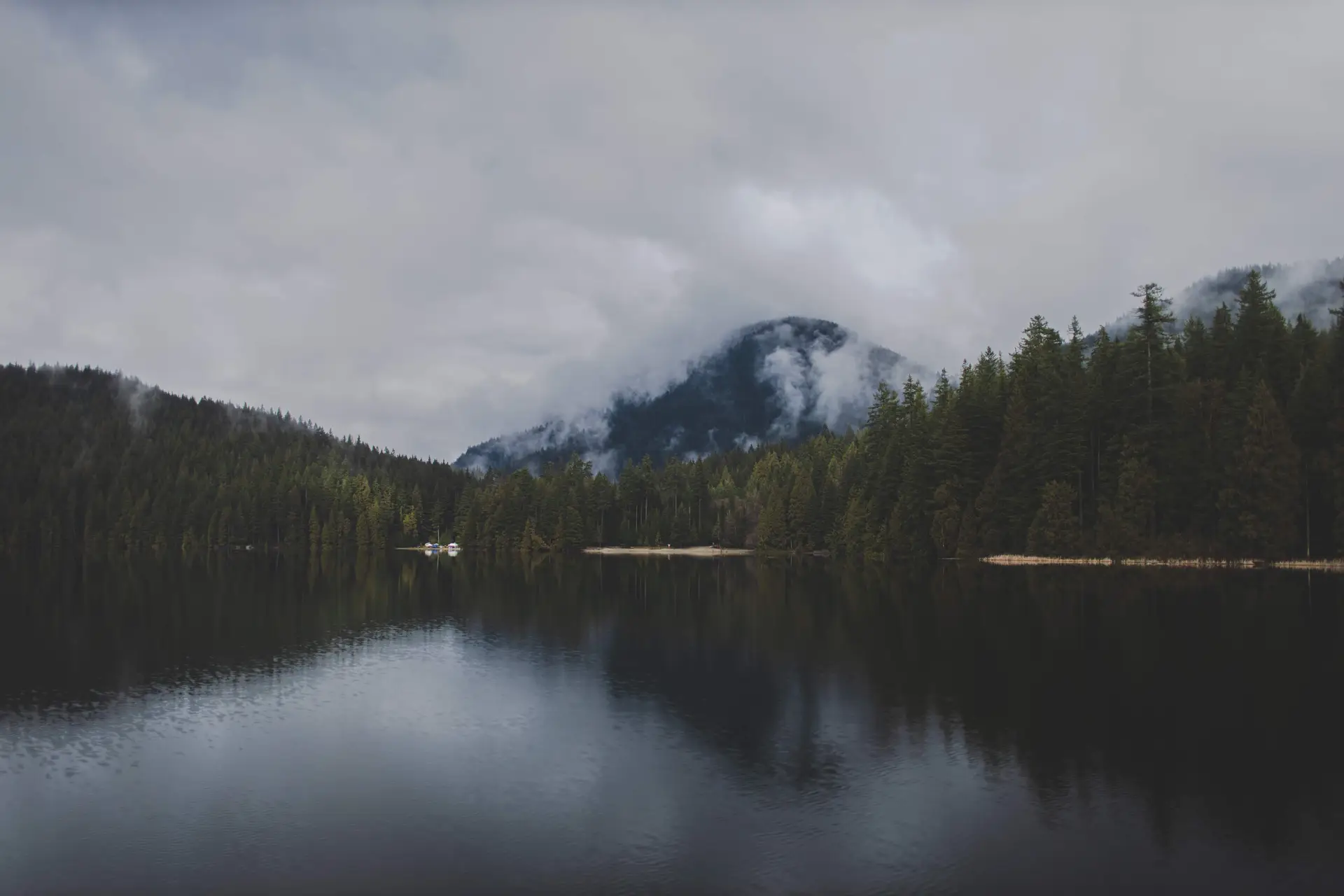 Serene misty lake with coniferous forests and mountains in Canada