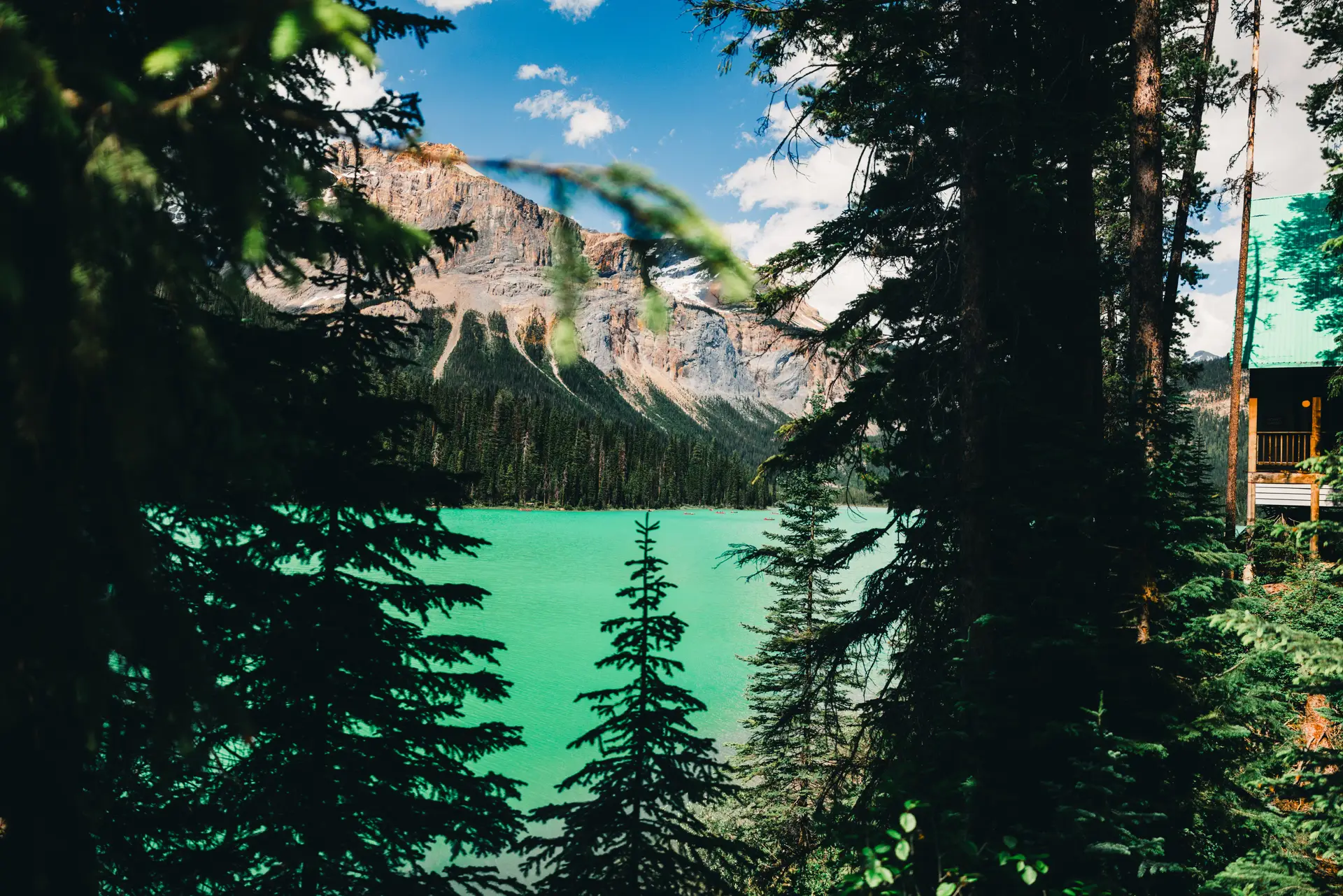 Evergreen canopy framing the turquoise glacial water just past the porch